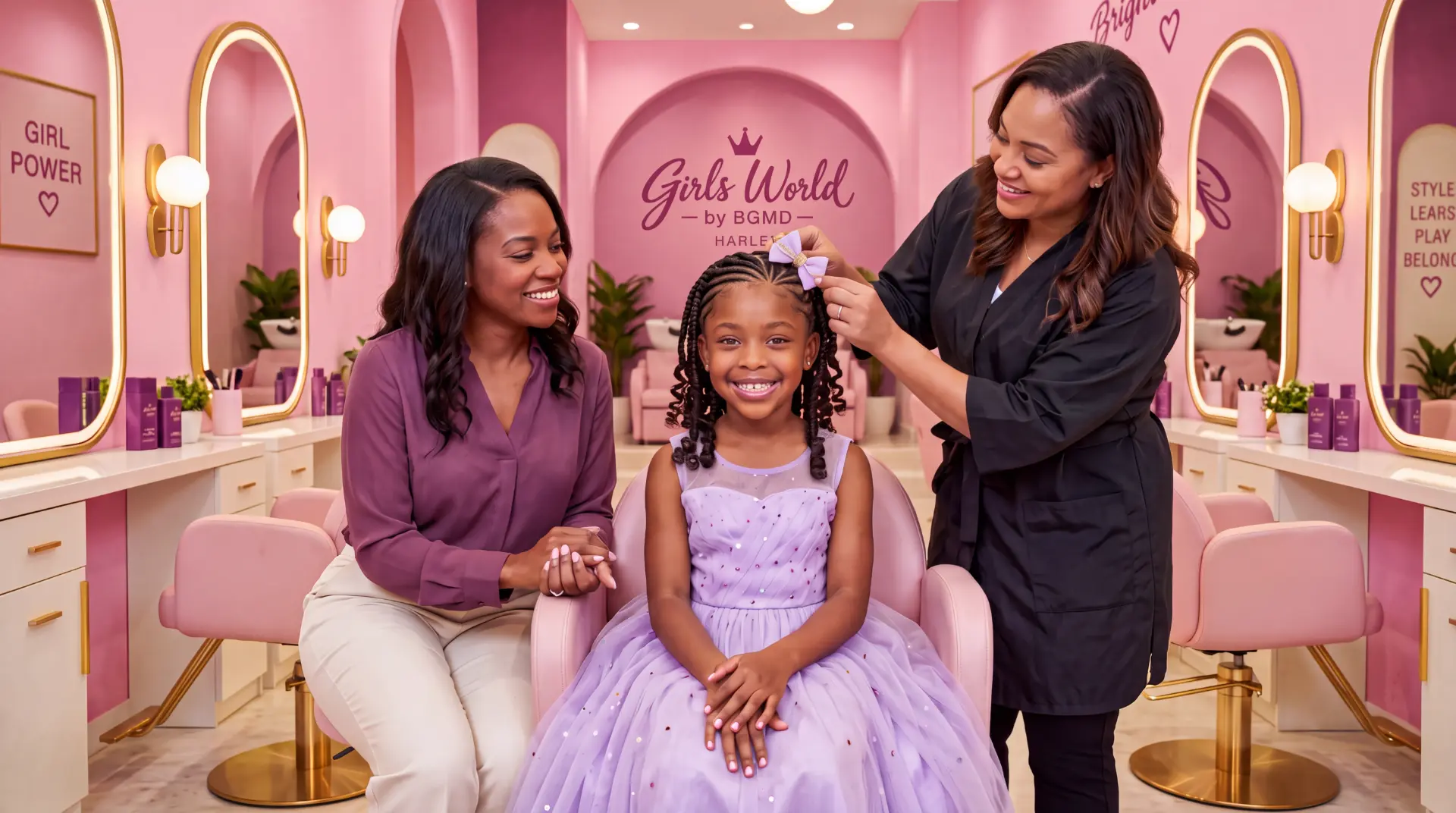 A stylist places a bow in a smiling girl's hair in the proposed Girls World salon while her mother watches